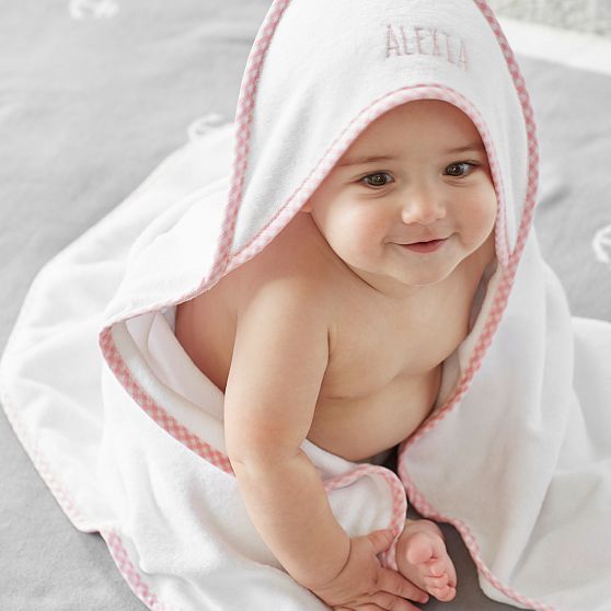 Pottery Barn Kids Gingham Baby Hooded Towel &amp; Washcloths Set