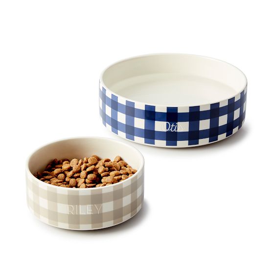 Gingham Ceramic Dog Bowl
