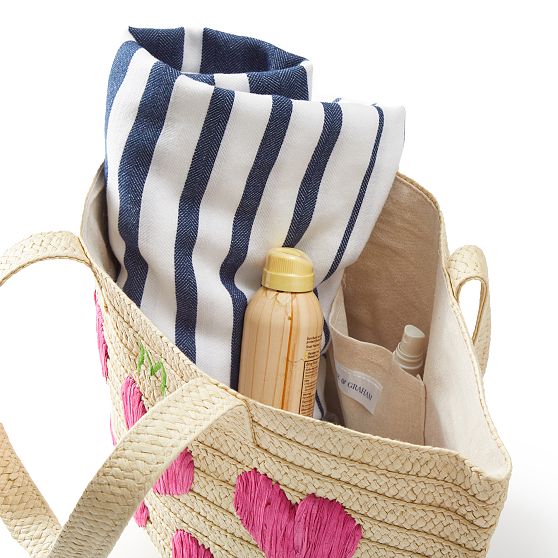 Hearts Embroidered Straw Beach Bag