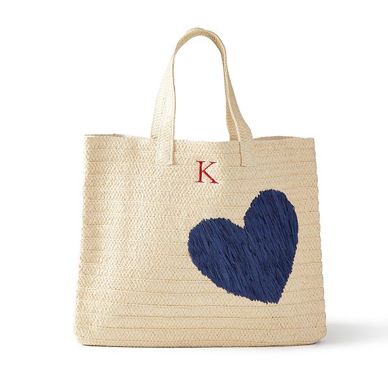 Heart Embroidered Oversized Straw Beach Tote