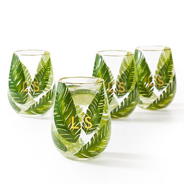Hand Painted Palm Leaf Stemless Wine Glasses, Set of 4
