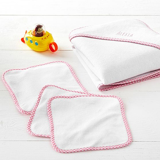 Pottery Barn Kids Gingham Baby Hooded Towel &amp; Washcloths Set
