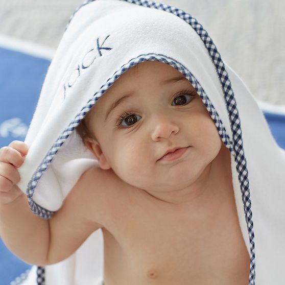 Pottery Barn Kids Gingham Baby Hooded Towel &amp; Washcloths Set