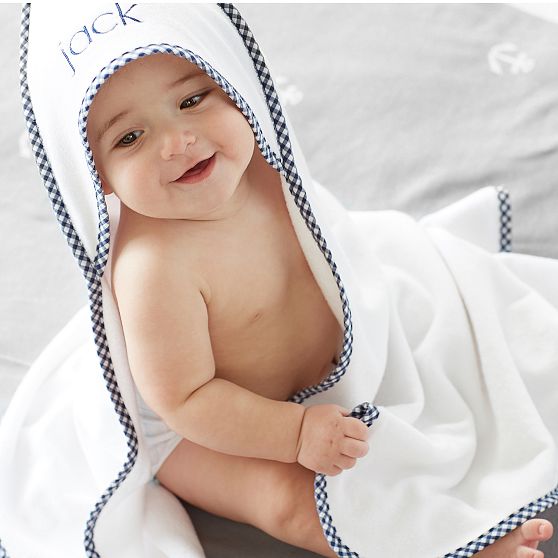 Pottery Barn Kids Gingham Baby Hooded Towel &amp; Washcloths Set