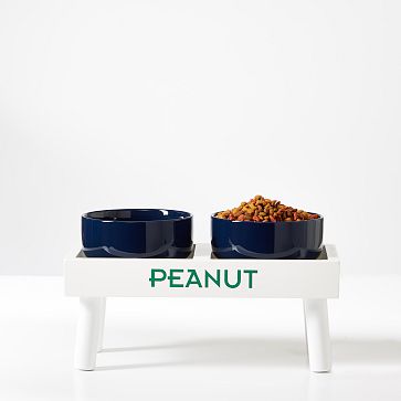 Ceramic Dog Bowls with Wooden Stand, Navy, Small