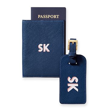 Leather Luggage Tag and Passport Case, Printed, Navy
