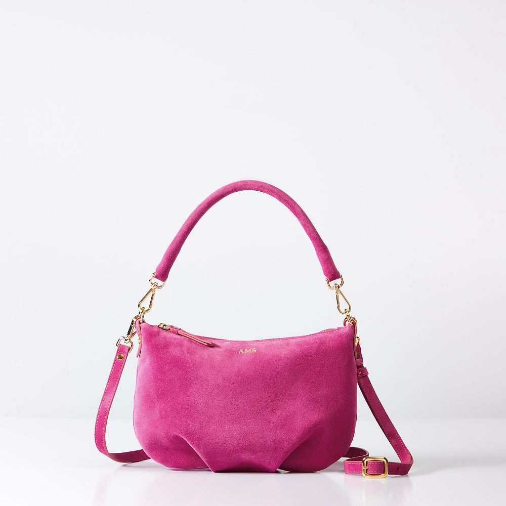 Double Handle Crossbody Bag, Suede, Hot Pink