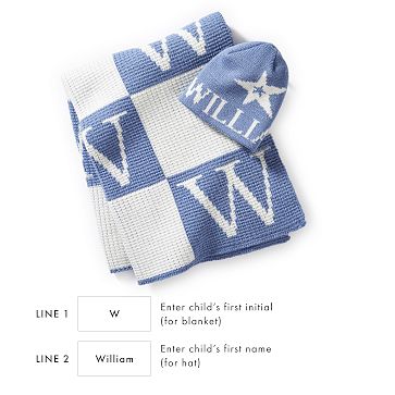 Initial Block Baby Blanket and Knitted Hat Gift Set, Country Blue