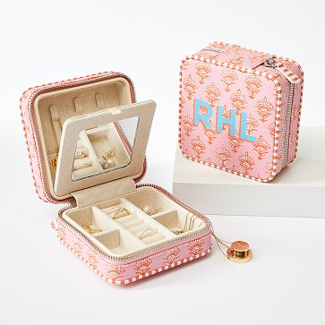 Small Travel Jewelry Case, Pink-Orange Block Print, Printed