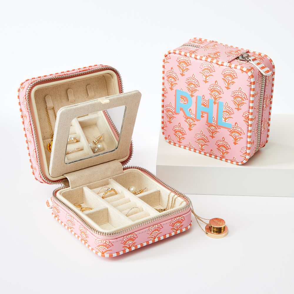 Small Travel Jewelry Case, Pink-Orange Block Print, Printed