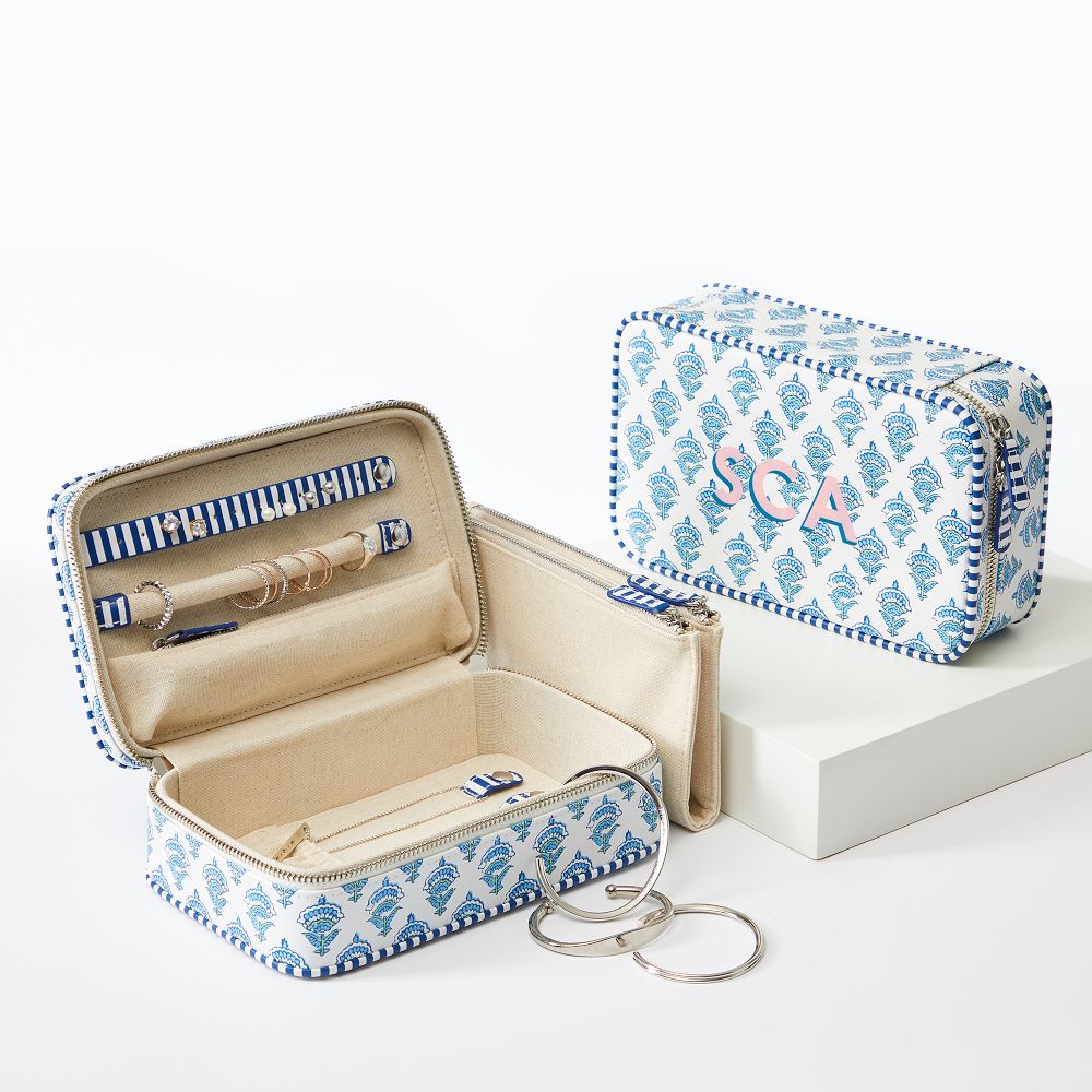 Medium Travel Jewelry Case, Blue-Green Block Print, Printed