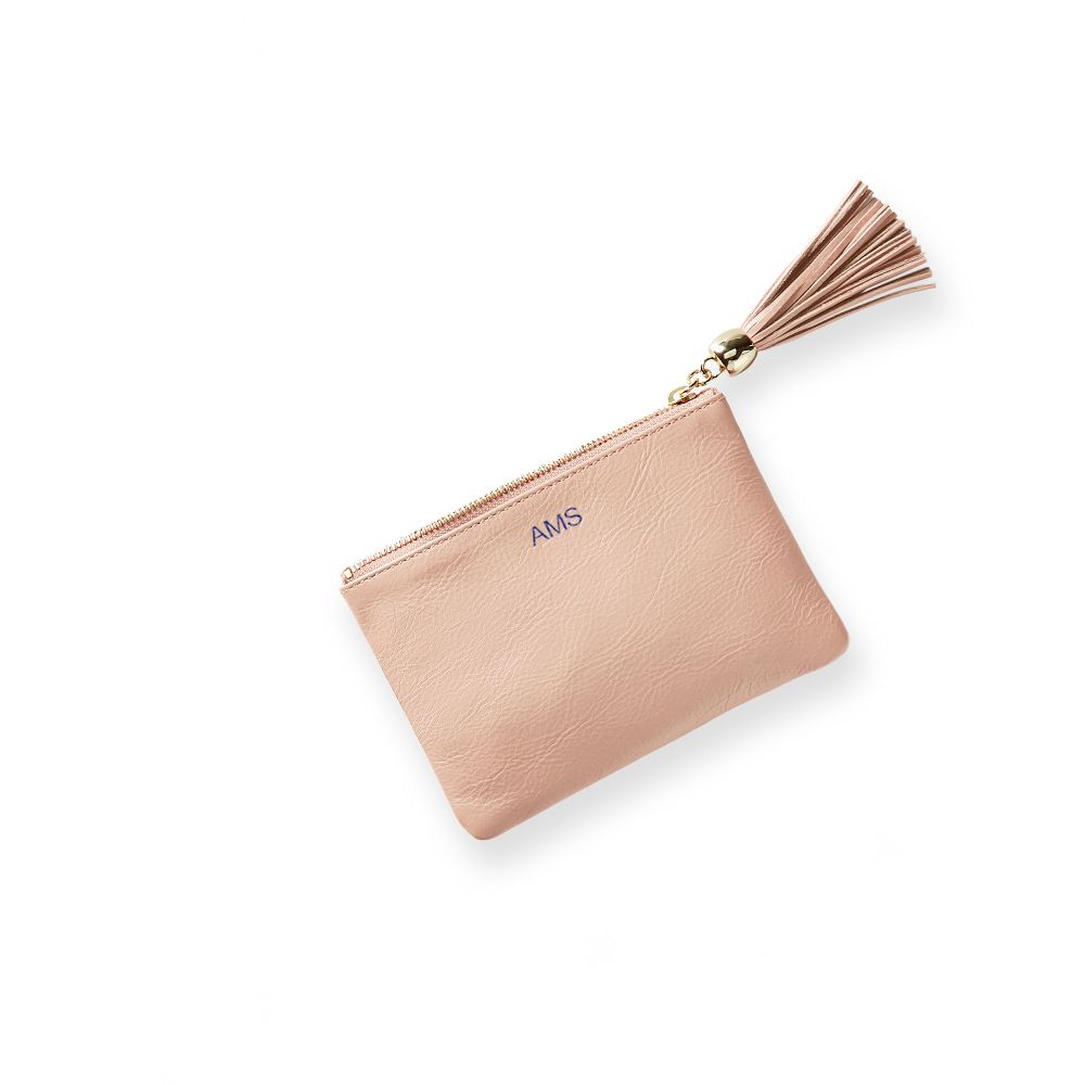 Leather Tassel Zipper Pouch, Blush, Foil Debossed