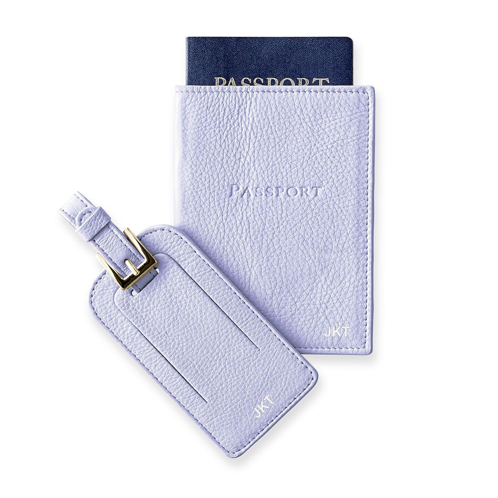 Leather Luggage Tag & Passport Case Set, Lilac, Foil Debossed