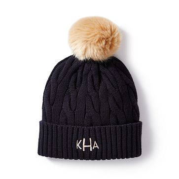 Cable Knit Pom Pom Hat, Black