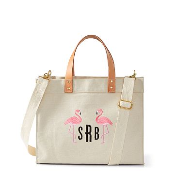 Embroidered Canvas Tote, Horizontal Personalization, Flamingo