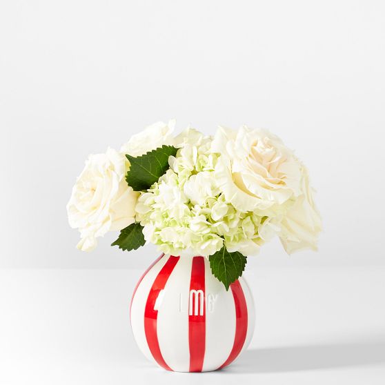 Ceramic Ruffle Vase, White-Red Stripe, Small