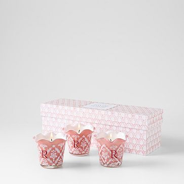 Hand Painted Block Print Votive Candle, Set of 3, Pink, Jasmine Vetiver
