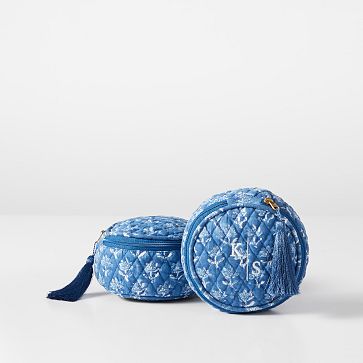 Block Print Quilted Round Travel Pouch, Small, Blue Flower