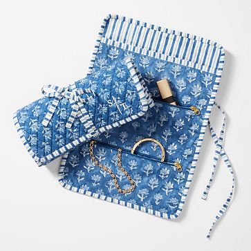 Block Print Quilted Travel Jewelry Roll Up, Blue Flower