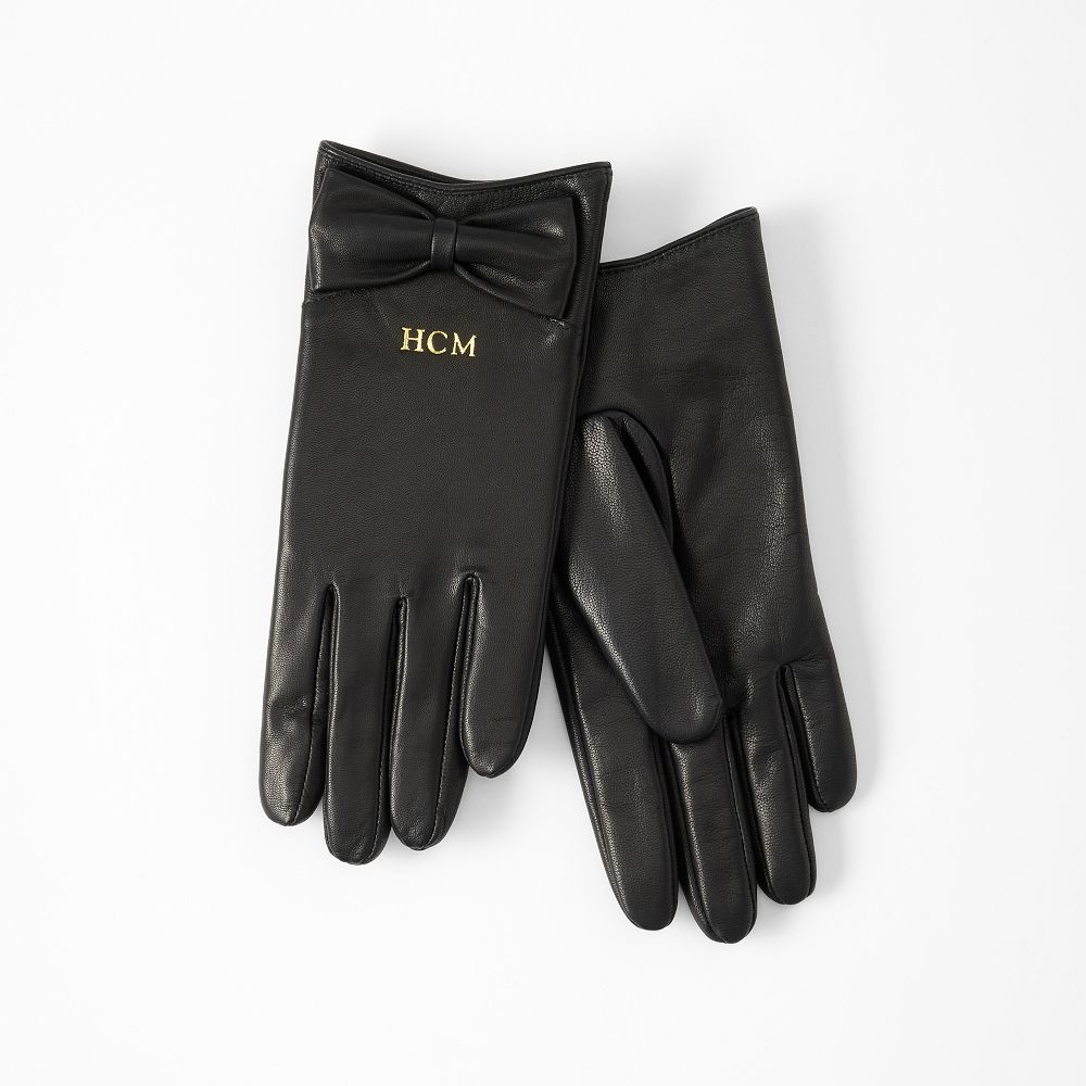 Bow Leather Gloves, Black, X-Small-Small
