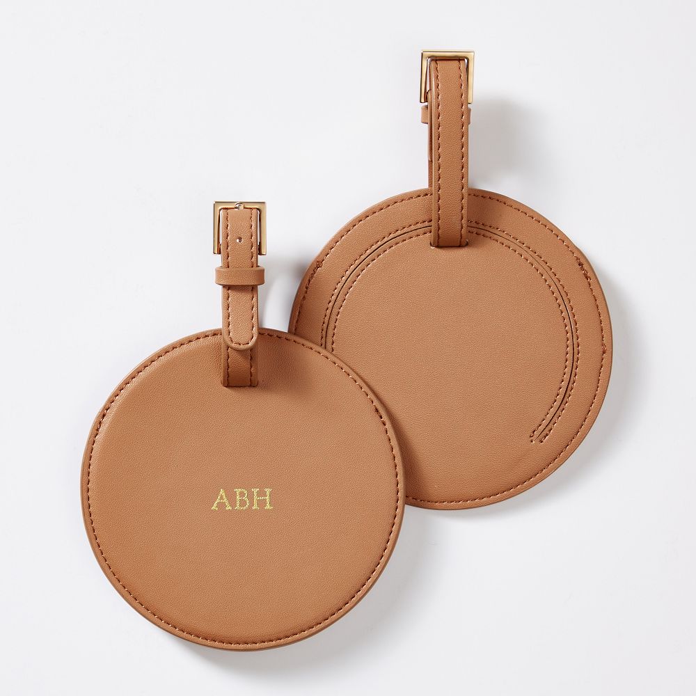 Fillmore Vegan Leather Circle Luggage tag, Camel, Foil Debossed