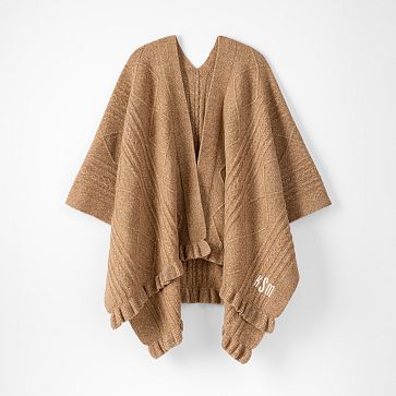 Cable Knit Ruffle Poncho, Camel
