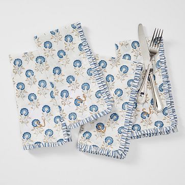 Block Print Ruffle Edge Dinner Napkins, Set of 4