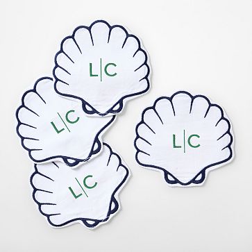 Sea Shell Coasters, Set of 4, White-Navy