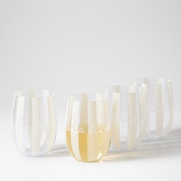 Striped Acrylic Stemless Wine Glasses, Set of 4, Ivory
