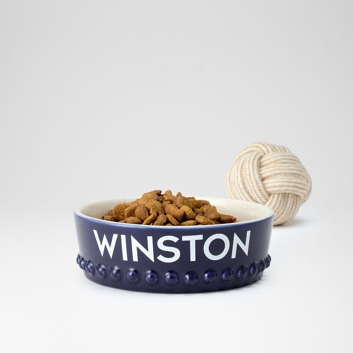 Large Navy Beaded Ceramic Pet Bowl without personalization