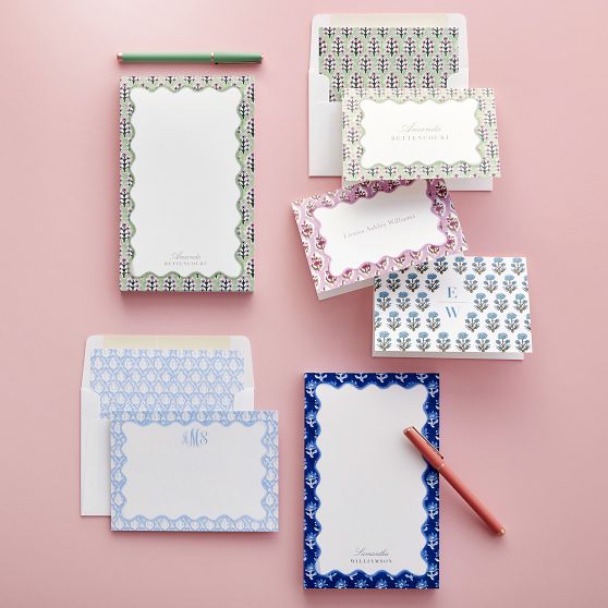 Personalized Block Print Stationery Note Cards, Set of 24