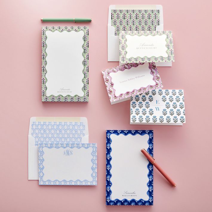 Personalized Block Print Stationery Note Cards, Set of 24