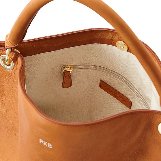Camel Handbag with Navy-Red Crossbody Strap
