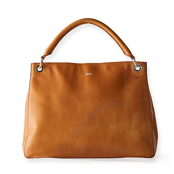 Camel Handbag with Navy-Red Crossbody Strap