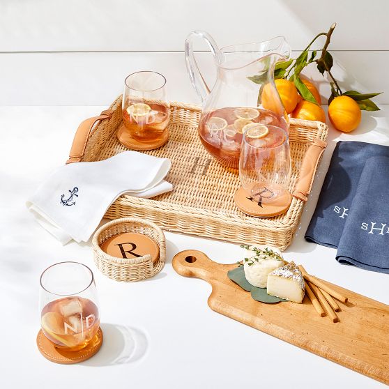 Wicker and Leather Serving Tray