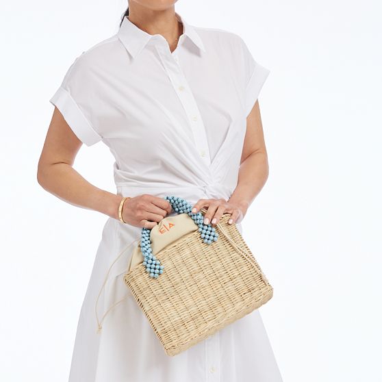 Wicker and Leather Beaded Bag