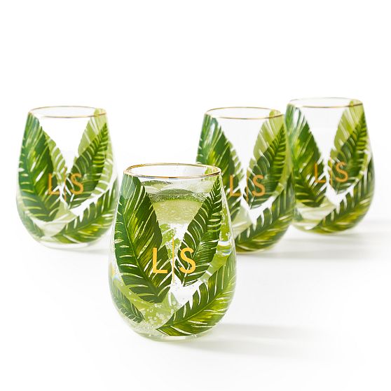 Hand Painted Palm Leaf Stemless Wine Glasses, Set of 4