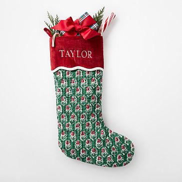 Block Print Quilted Stocking, Green Holiday