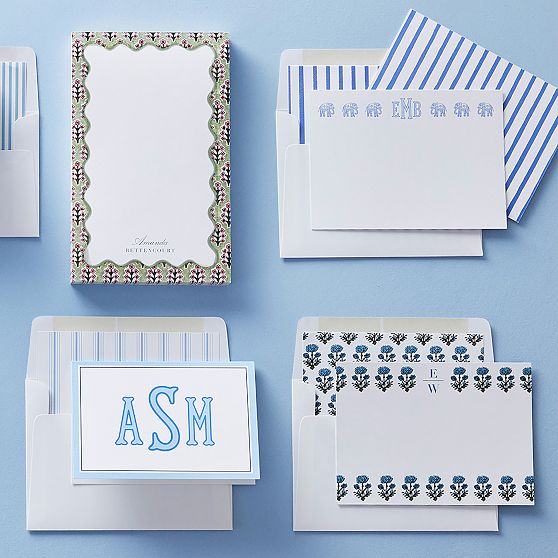 Personalized Block Print Stationery Note Cards, Set of 24