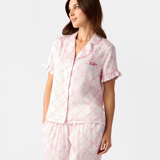 Ruffle Sateen Short Sleeve Long Pajamas