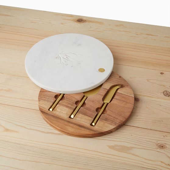 Round Wood and Marble Swivel Cheese Set - Thumbnail 3
