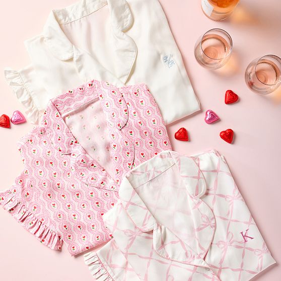 Ruffle Sateen Long Pajamas