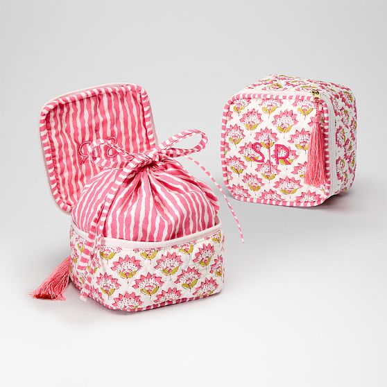 Block Print Quilted Travel Jewelry Storage