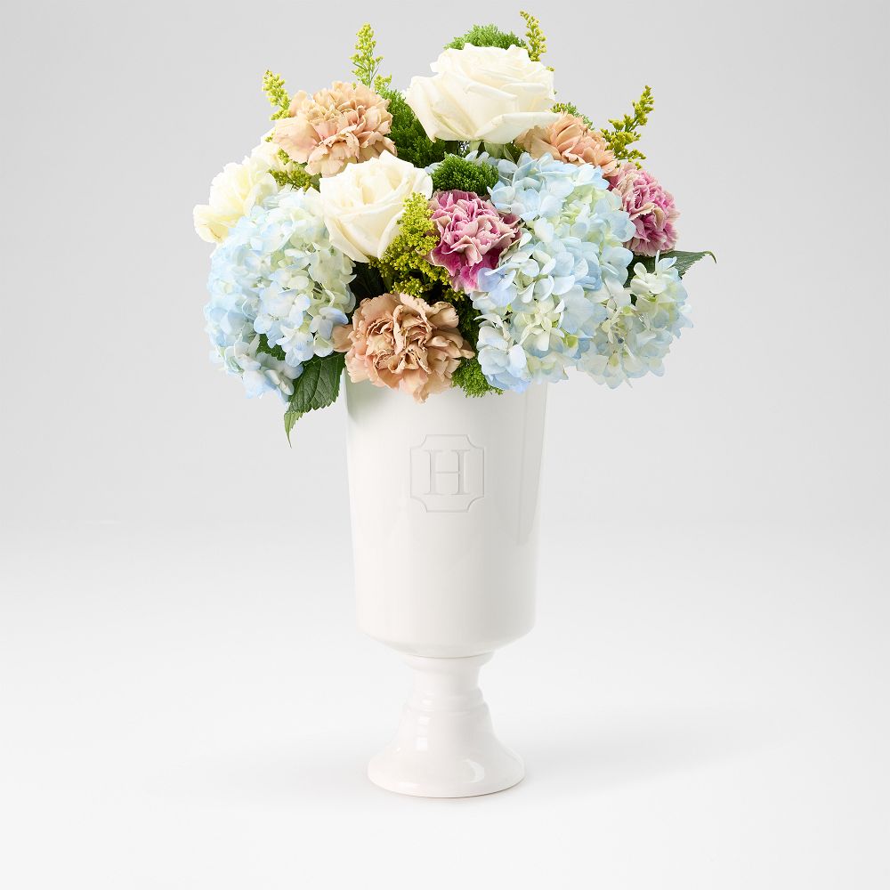 Ceramic Pedestal Vase- White/ Large/ add Personalization “S” Times New Roman in curved box (style 152)