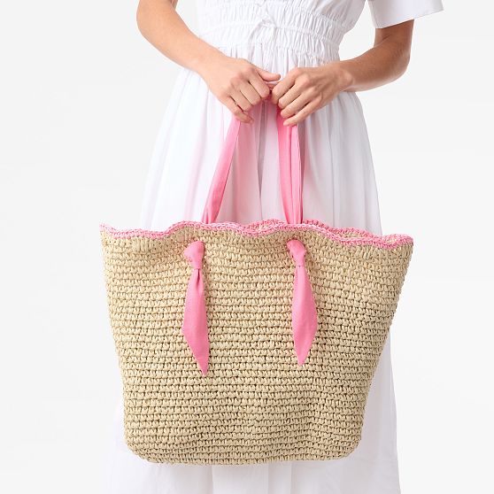 Ribbon Scalloped Raffia Tote