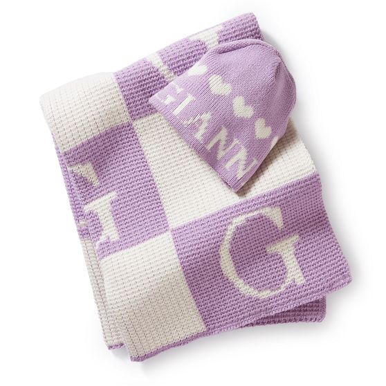 Initial Block Baby Stroller Blanket and Knitted Hat Gift Set