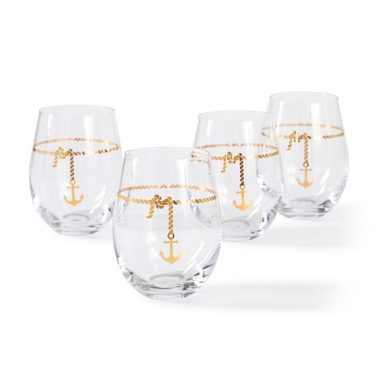 Rope and Anchor Stemless Wine Glasses, Set of 4