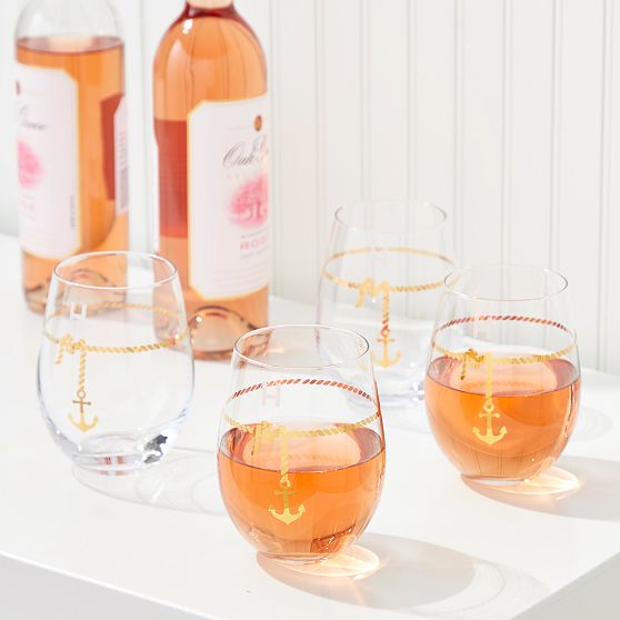 Rope and Anchor Stemless Wine Glasses, Set of 4