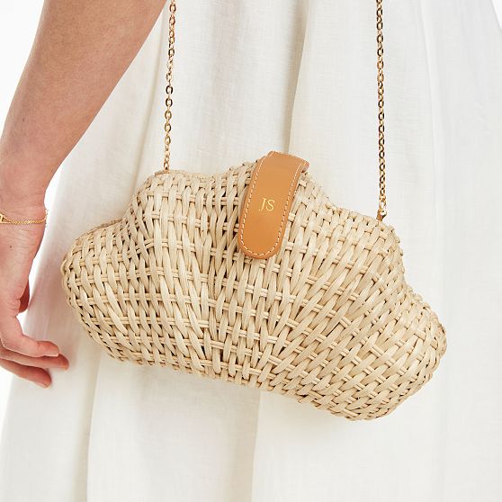 Wicker and Leather Shell Clutch