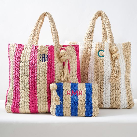 Cabana Stripe Straw Tote and Pouch Set